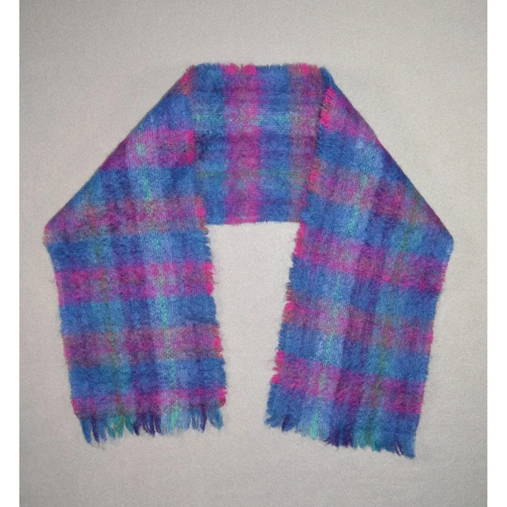 John Hanly Scarf Mohair Wool Blend Blue Purple Fringe Ireland Plaid Vintage
